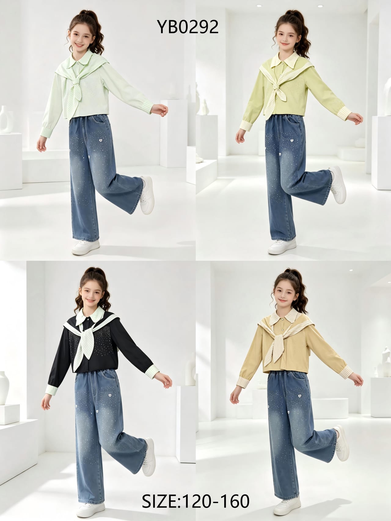 Girls' Sailor-Collar Tie Shirt & Rhinestone Jeans — model YB0292, Custom Design, size 120-160 — Yubei Apparel wholesale kidswear