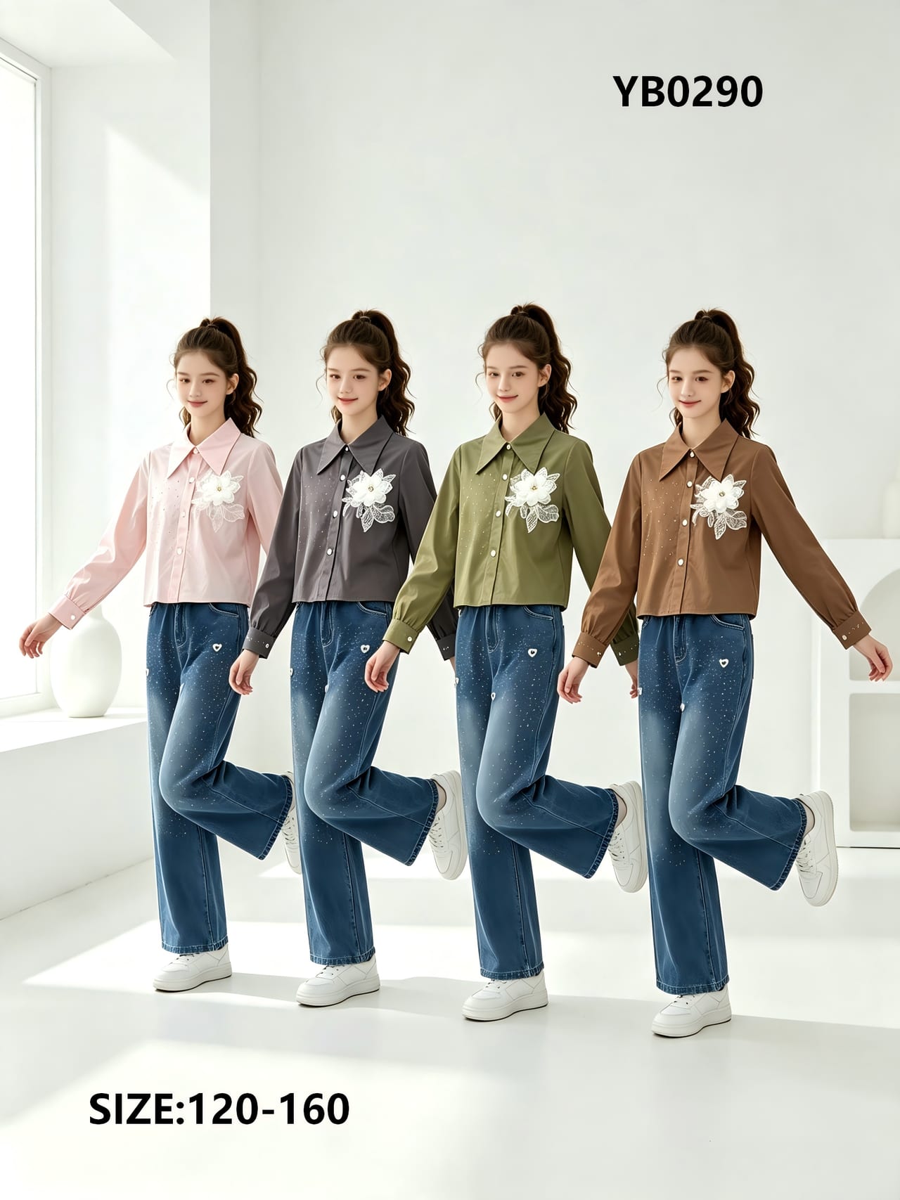 Girls' 3D-Flower Shirt & Rhinestone Jeans — model YB0290, Custom Design, size 120-160 — Yubei Apparel wholesale kidswear