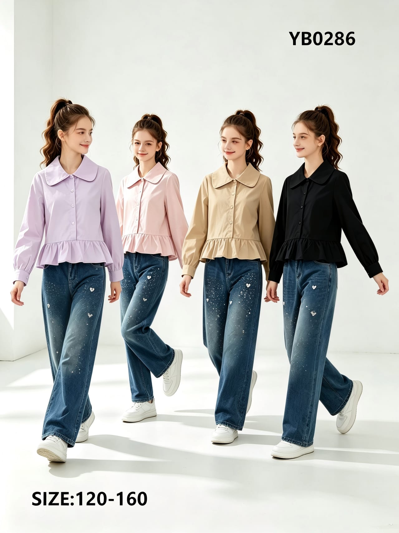 Girls' Peplum Ruffle-Hem Shirt & Wide-Leg Jeans — model YB0286, Custom Design, size 120-160 — Yubei Apparel wholesale kidswear