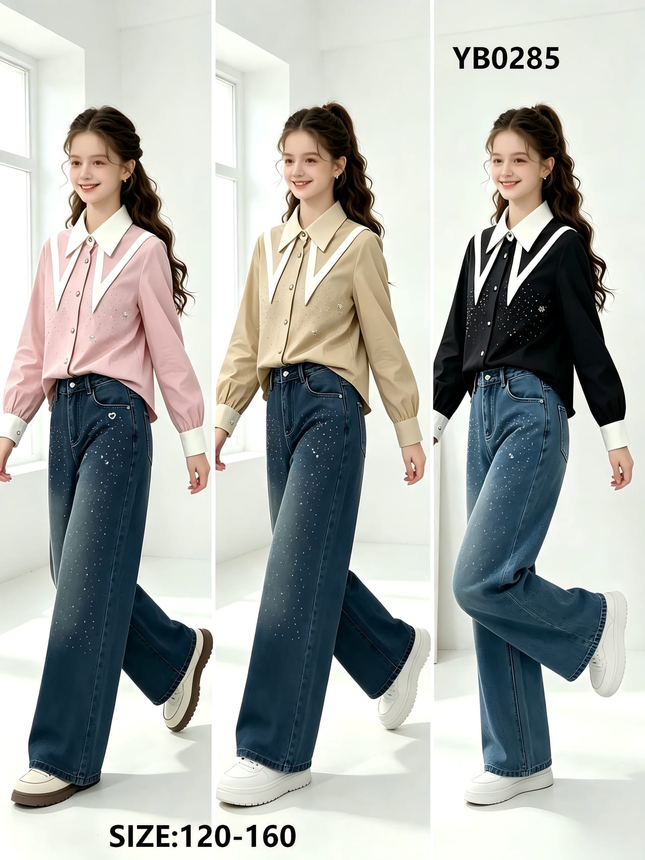 Girls' Contrast V-Collar Rhinestone Shirt & Jeans — model YB0285, Custom Design, size 120-160 — Yubei Apparel wholesale kidswear