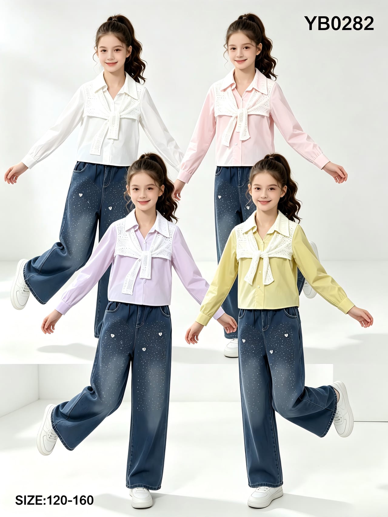 Girls' Lace-Panel Tie Shirt & Starry Jeans — model YB0282, Custom Design, size 120-160 — Yubei Apparel wholesale kidswear