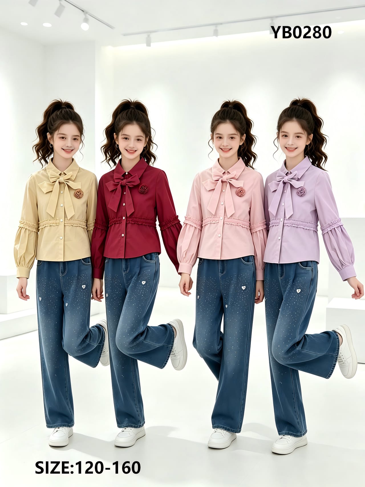 Girls' Bow-Tie Ruffle-Waist Shirt & Jeans — model YB0280, Custom Design, size 120-160 — Yubei Apparel wholesale kidswear