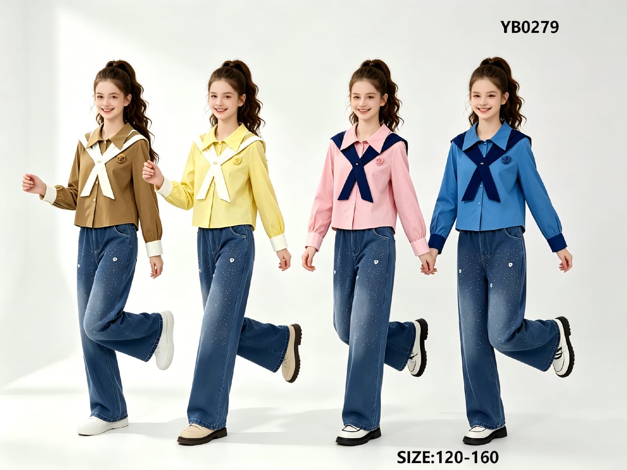 Girls' Sailor Cross-Tie Shirt & Wide-Leg Jeans — model YB0279, Custom Design, size 120-160 — Yubei Apparel wholesale kidswear