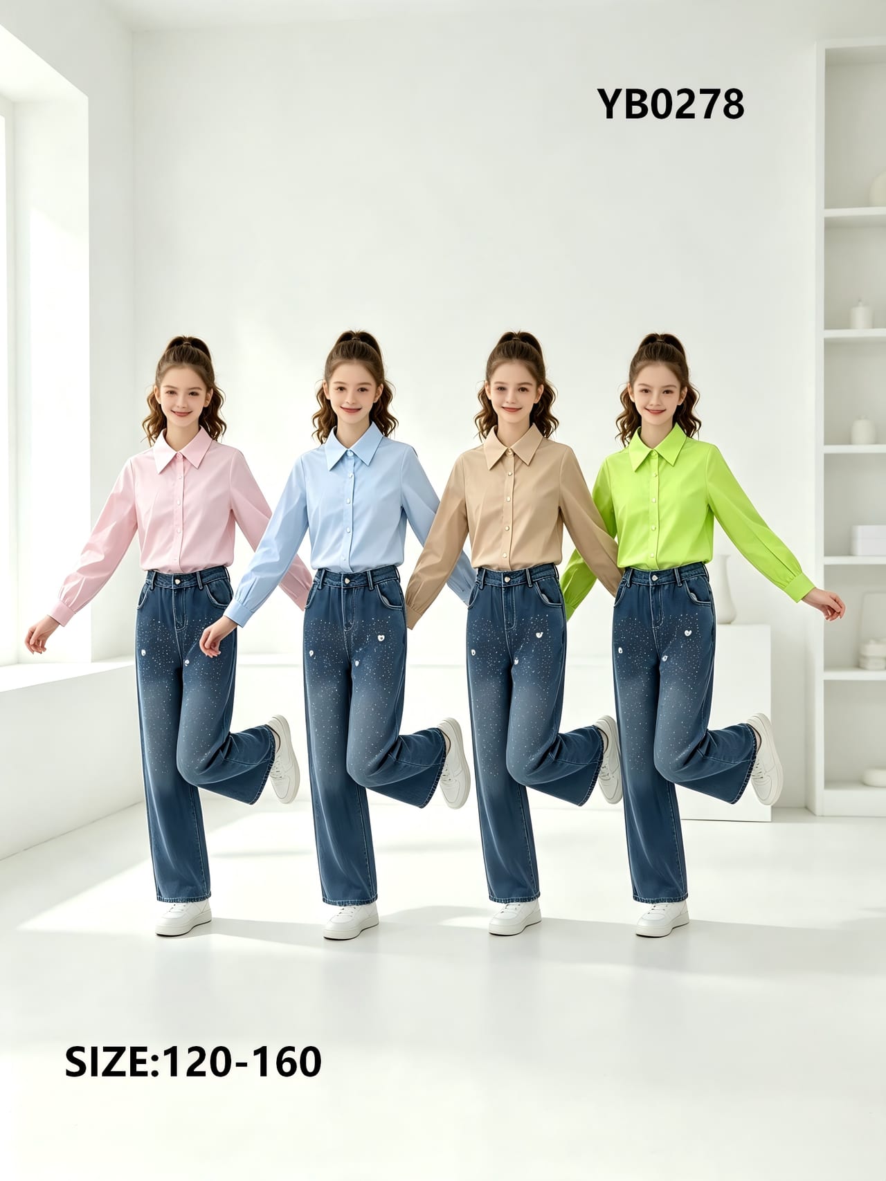 Girls' Classic Collared Shirt & Rhinestone Jeans — model YB0278, Custom Design, size 120-160 — Yubei Apparel wholesale kidswear