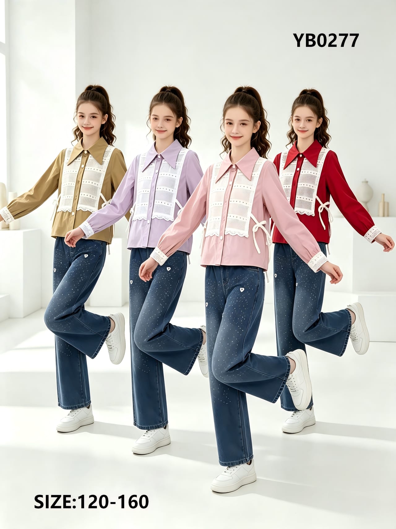 Girls' Lace-Vest Overlay Shirt & Wide-Leg Jeans — model YB0277, Custom Design, size 120-160 — Yubei Apparel wholesale kidswear