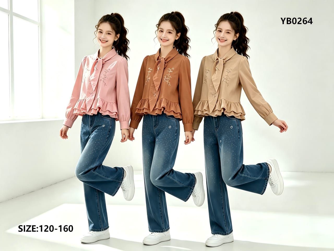 Girls' Embroidered Peplum Tie-Neck Shirt & Jeans — model YB0264, Custom Design, size 120-160 — Yubei Apparel wholesale kidswear
