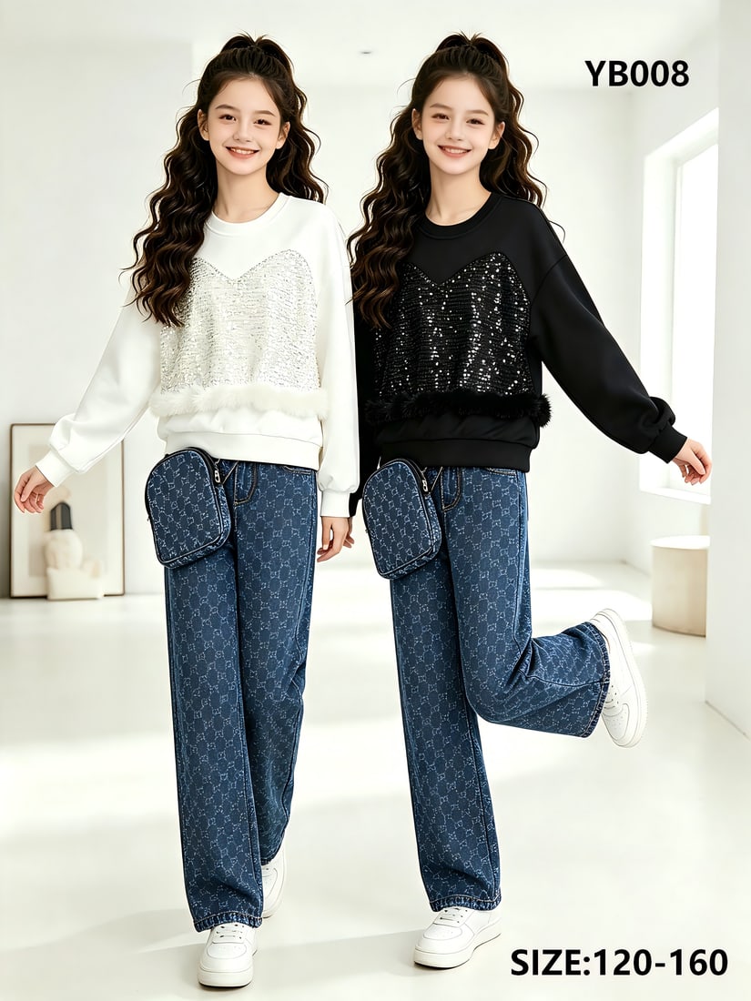 Girls' Sequin-Panel Sweatshirt & Wide-Leg Jeans Set — model YB008, Custom Design, size 120-160 — Yubei Apparel wholesale kidswear