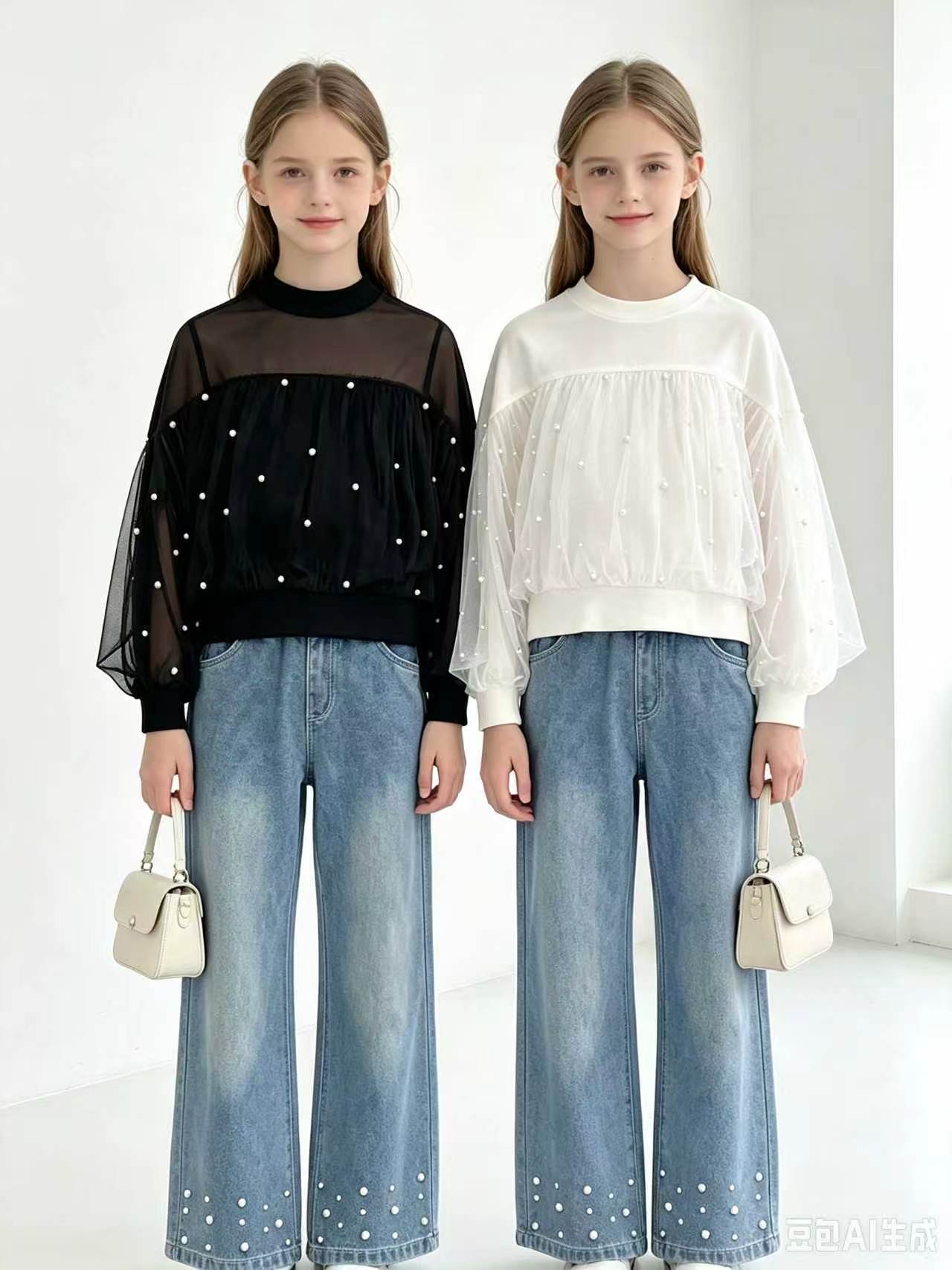 Girls' pearl-detail mesh sweatshirt and wide-leg jeans from Yubei Apparel