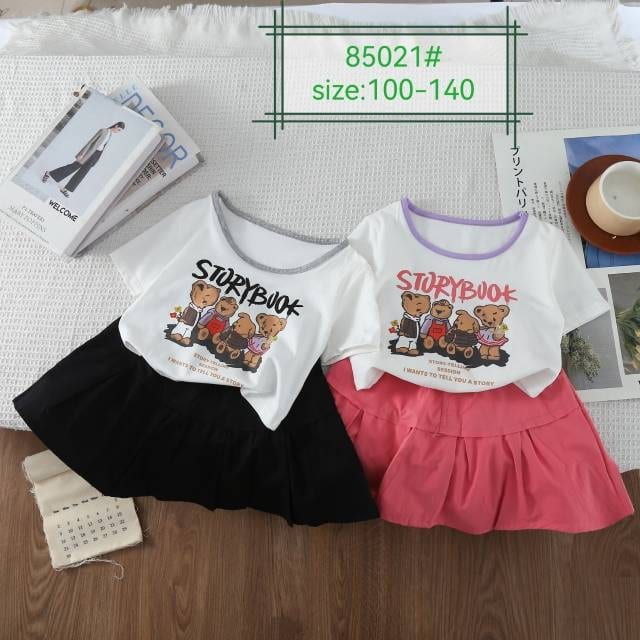 Girls' STORYBOOK Bear Tee & Skirt Set — model 85021#, Summer, size 100-140 — Yubei Apparel wholesale kidswear