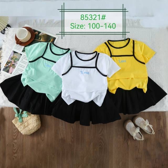 Girls' 'Love' Cami-Overlay Tee & Skirt Set — model 85321#, Summer, size 100-140 — Yubei Apparel wholesale kidswear