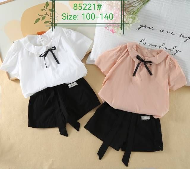 Girls' Bow-Collar Blouse & Shorts Set — model 85221#, Summer, size 100-140 — Yubei Apparel wholesale kidswear