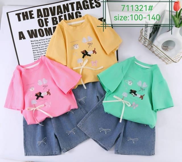 Girls' Puppy-Print Tee & Denim Shorts Set — model 711321#, Summer, size 100-140 — Yubei Apparel wholesale kidswear
