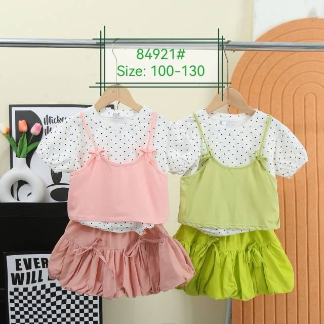 Girls' Polka-Dot Cami Tee & Bubble Skirt Set — model 84921#, Summer, size 100-130 — Yubei Apparel wholesale kidswear