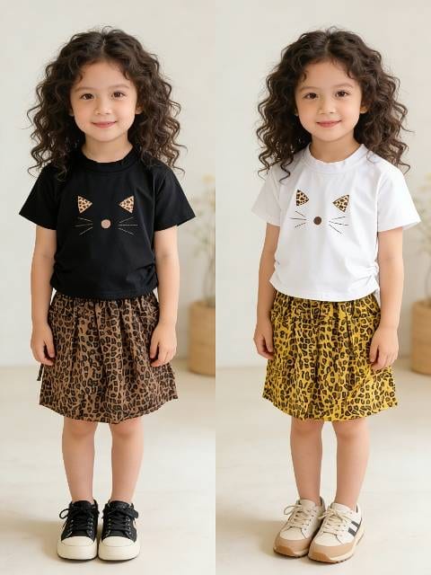 Girls' Cat-Face Tee & Leopard Skirt Set — Summer — Yubei Apparel wholesale kidswear