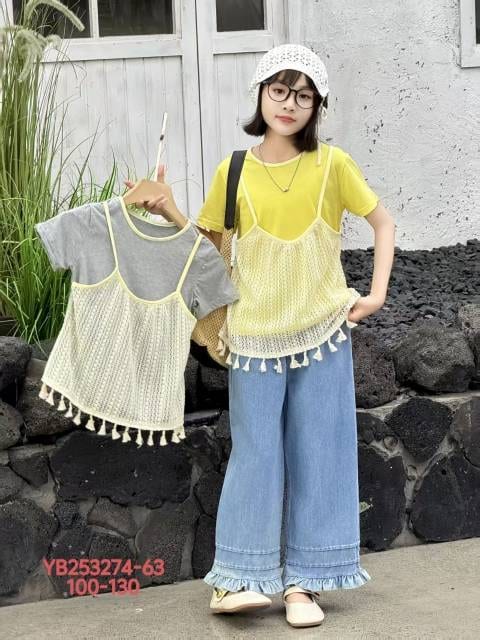 Girls' Crochet Cami over Tee & Jeans Set — model YB253274-63, Summer, size 100-130 — Yubei Apparel wholesale kidswear