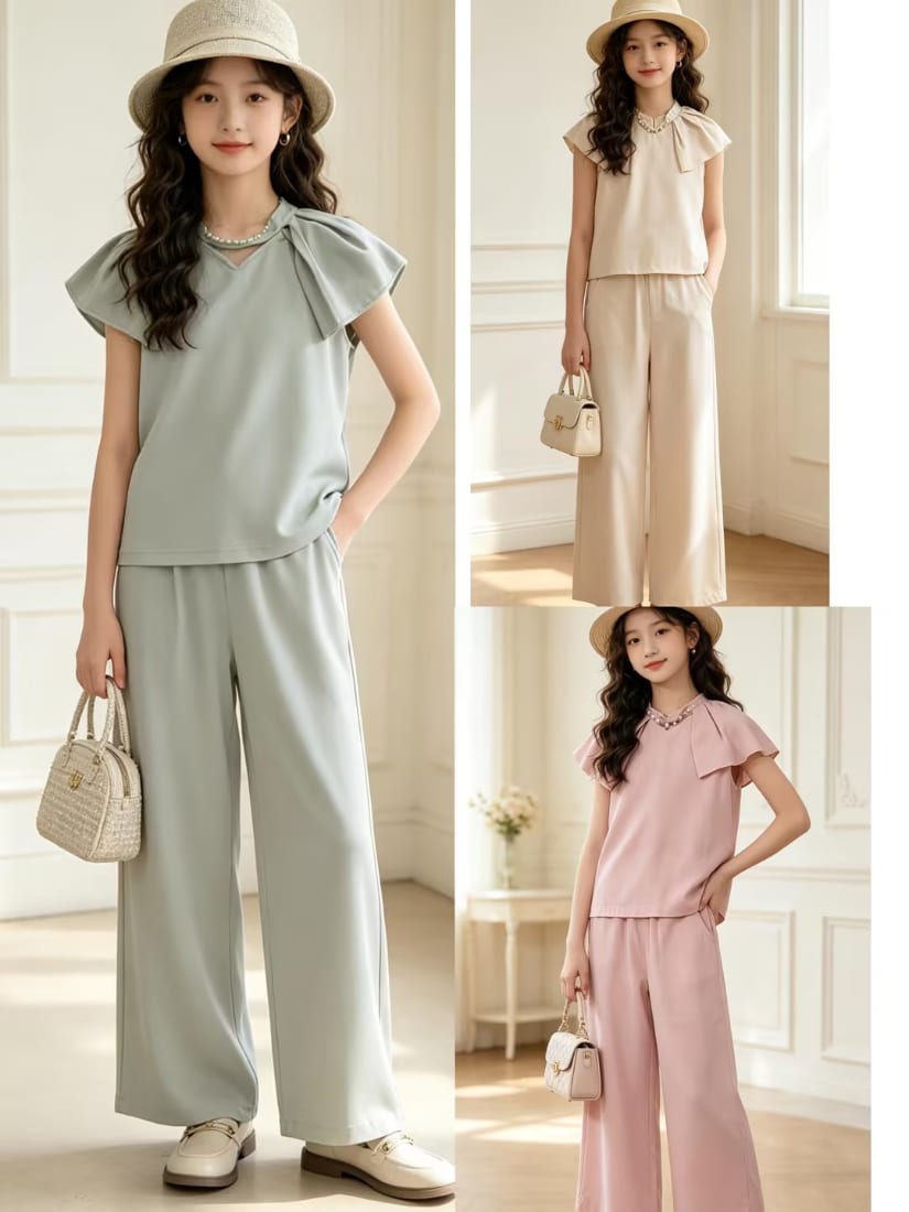 Girls' Flutter-Sleeve Top & Wide-Leg Pants Set — Summer — Yubei Apparel wholesale kidswear