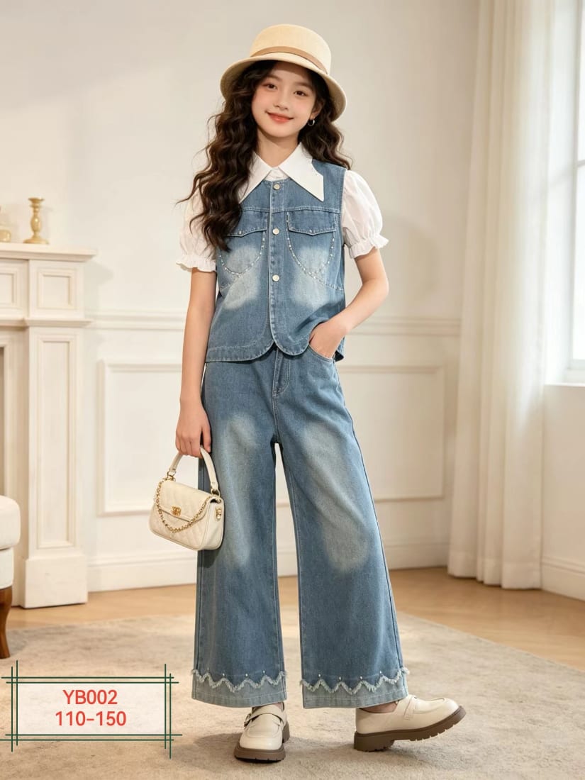 Girls' Denim Vest & White Shirt with Wide-Leg Jeans — model YB002, Summer, size 110-150 — Yubei Apparel wholesale kidswear