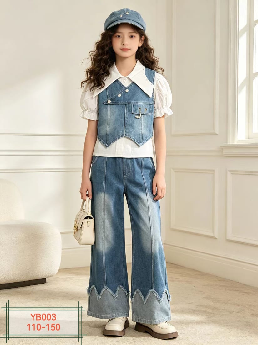 Girls' Angular Denim Vest & Frayed Wide-Leg Jeans — model YB003, Summer, size 110-150 — Yubei Apparel wholesale kidswear