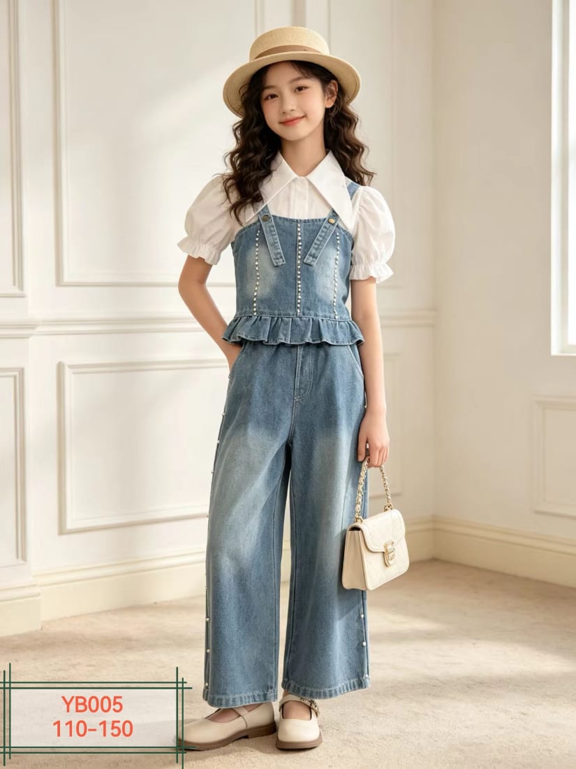 Girls' Denim Bustier Peplum Top & Wide-Leg Jeans — model YB005, Summer, size 110-150 — Yubei Apparel wholesale kidswear