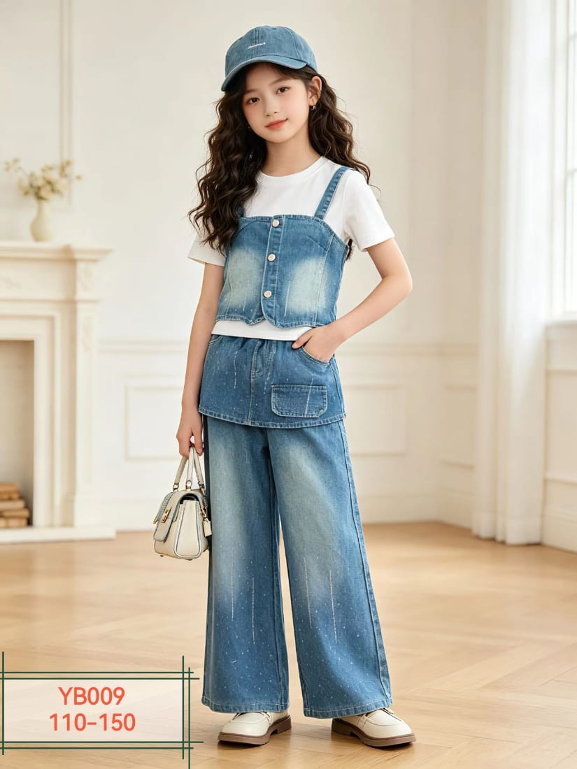 Girls' Denim Pinafore Top & Wide-Leg Jeans — model YB009, Summer, size 110-150 — Yubei Apparel wholesale kidswear