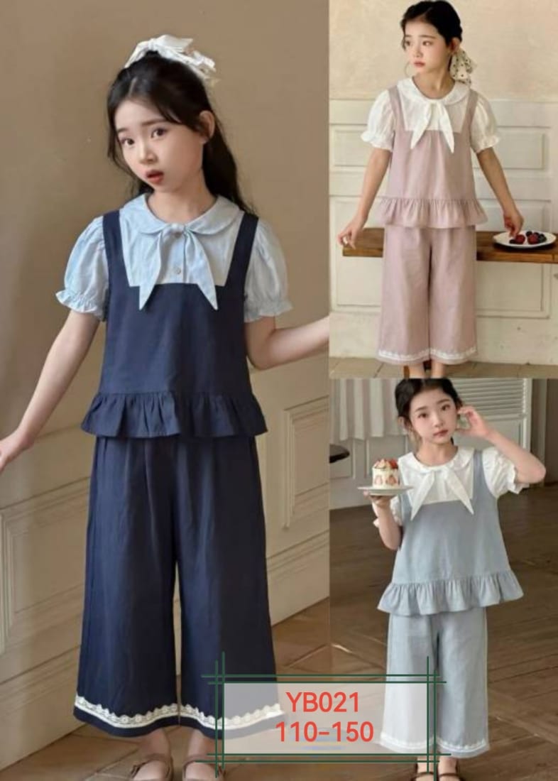 Girls' Sailor-Bow Blouse & Ruffle-Hem Wide Pants — model YB021, Summer, size 110-150 — Yubei Apparel wholesale kidswear