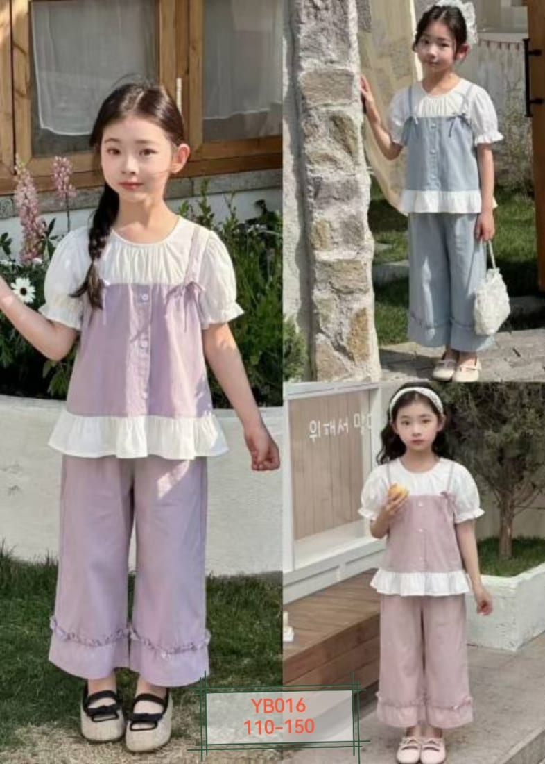 Girls' Ruffle-Hem Cami Blouse & Wide Pants — model YB016, Summer, size 110-150 — Yubei Apparel wholesale kidswear