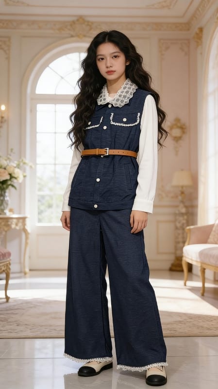 Girls' Denim Collared Vest & Wide-Leg Pants Set — Summer — Yubei Apparel wholesale kidswear