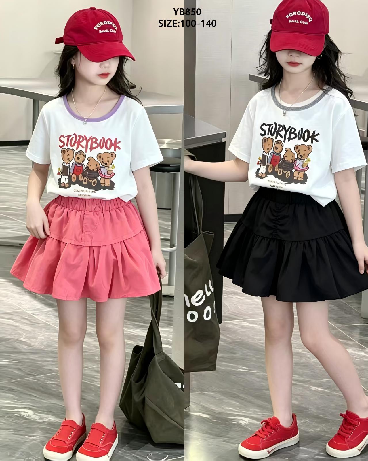 Girls' STORYBOOK Bear Tee & Tiered Skirt Set — model YB850, Summer, size 100-140 — Yubei Apparel wholesale kidswear