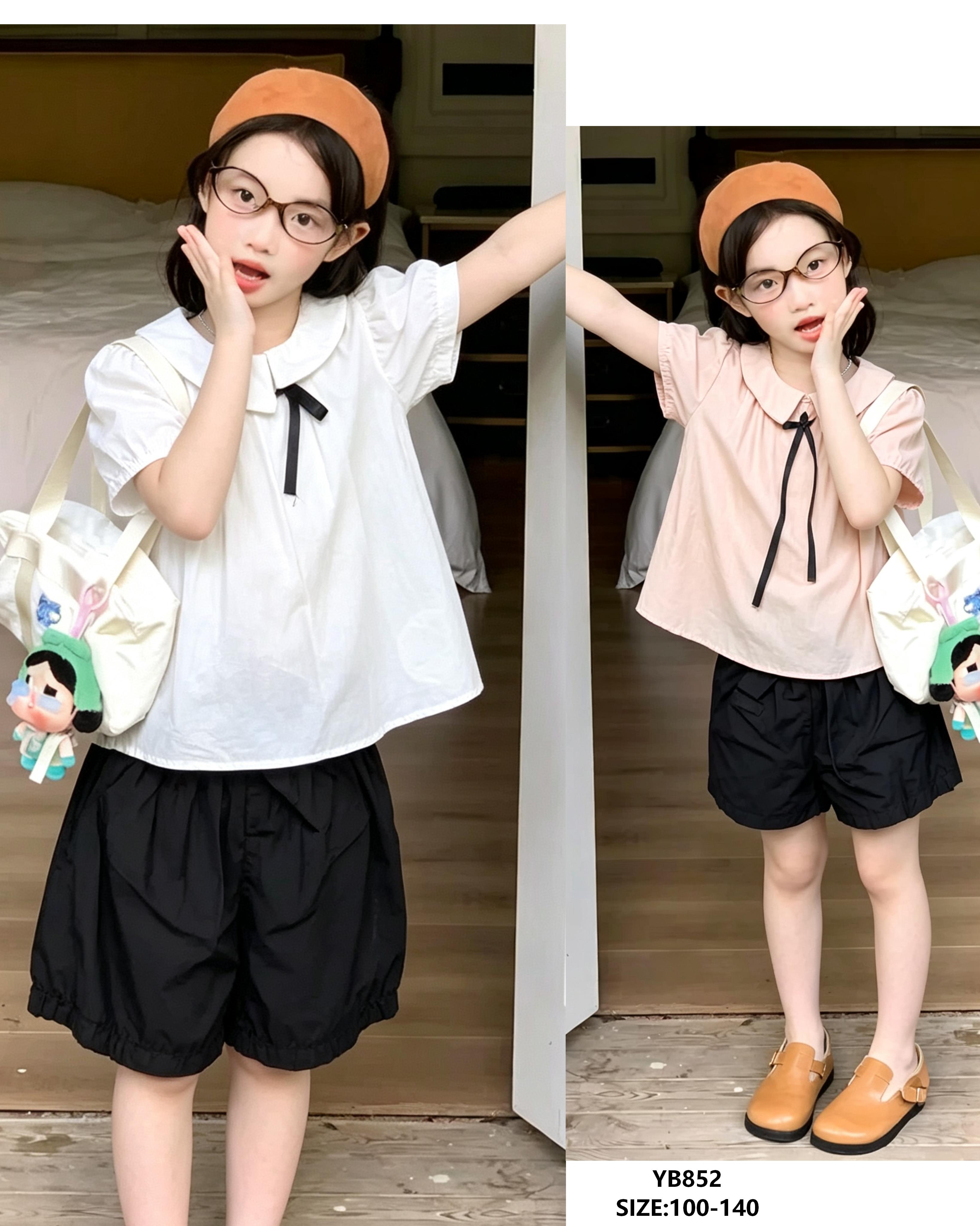Girls' Bow-Collar Blouse & Bubble Shorts Set — model YB852, Summer, size 100-140 — Yubei Apparel wholesale kidswear
