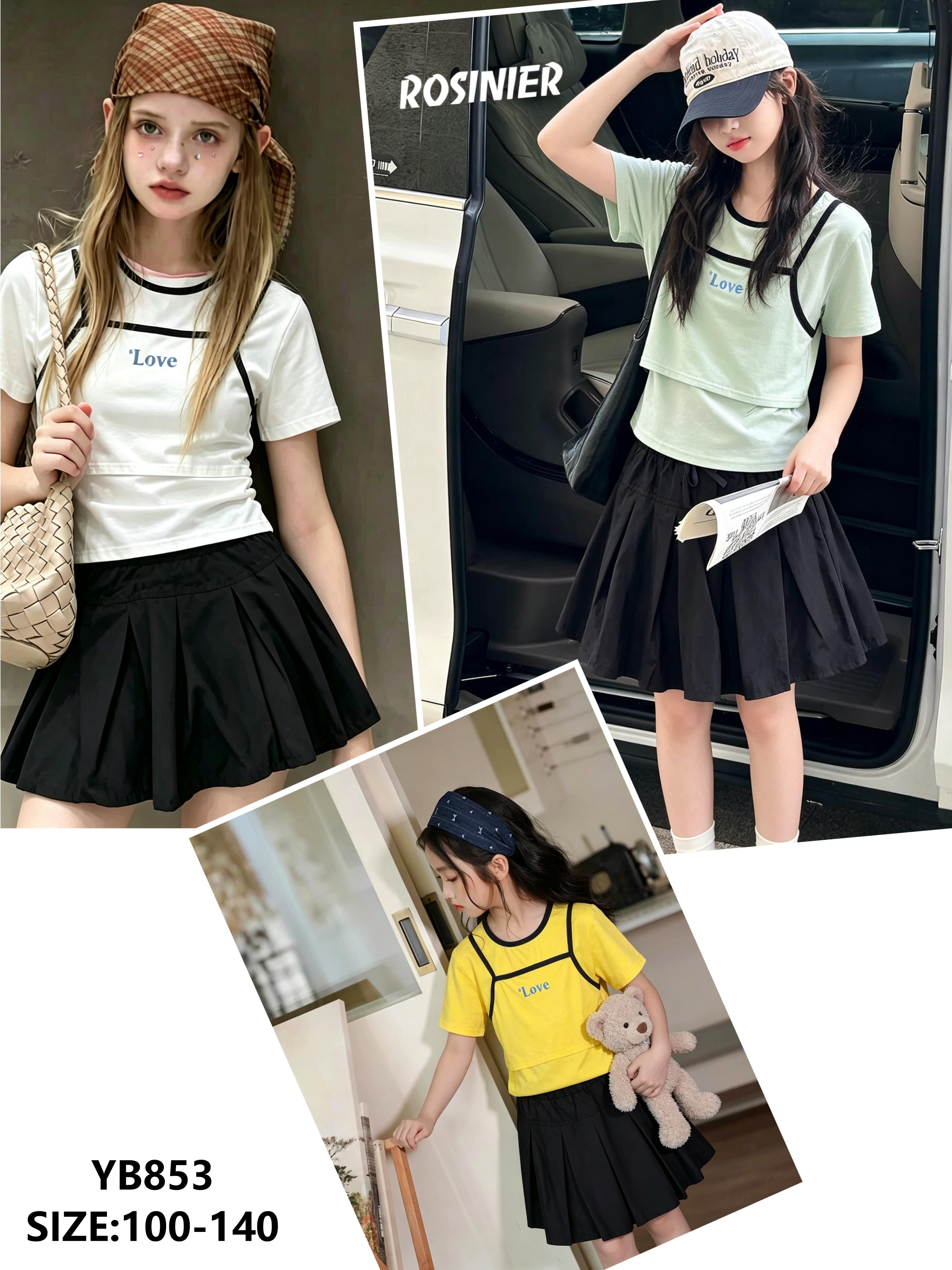 Girls' Love Layered Tee & Pleated Skirt Set — model YB853, Summer, size 100-140 — Yubei Apparel wholesale kidswear