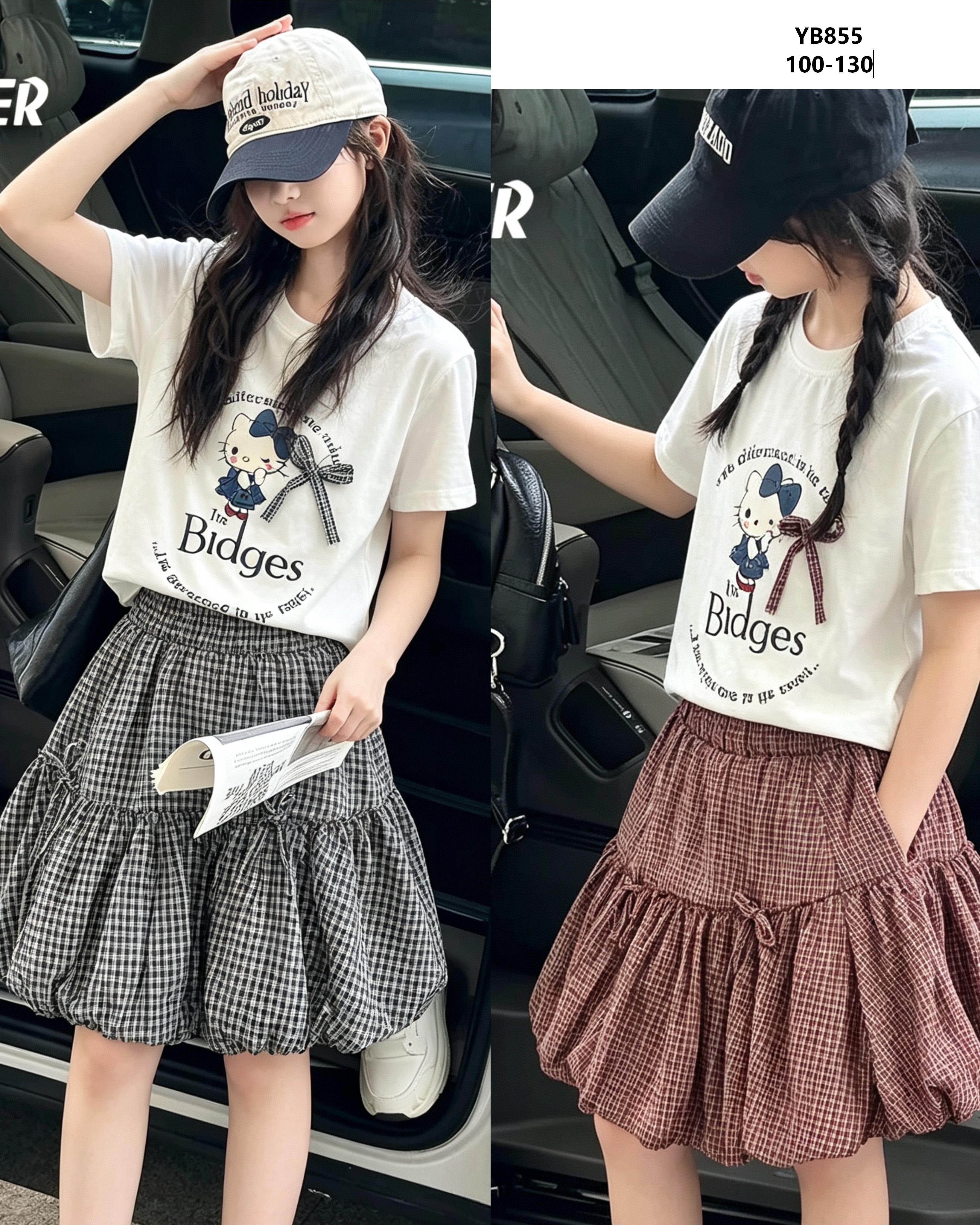 Girls' Character Tee & Gingham Bubble Skirt Set — model YB855, Summer, size 100-130 — Yubei Apparel wholesale kidswear