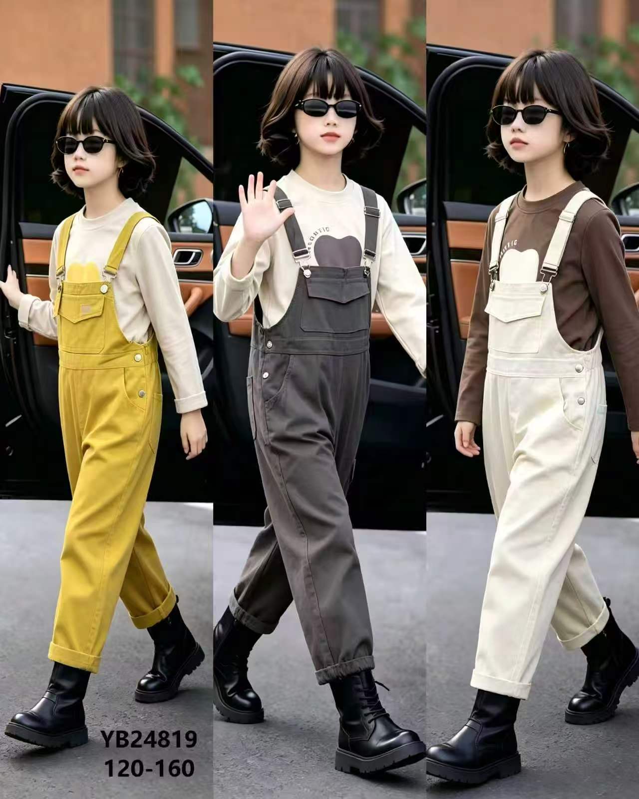 Girls' Heart Tee & Utility Bib Overalls Set — model YB24819, Summer, size 120-160 — Yubei Apparel wholesale kidswear