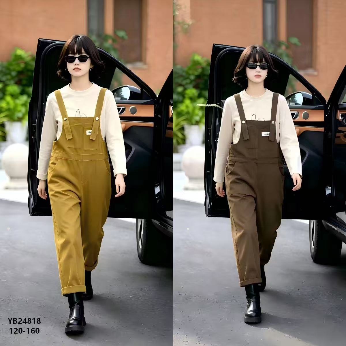 Girls' Long-Sleeve Tee & Utility Bib Overalls Set — model YB24818, Summer, size 120-160 — Yubei Apparel wholesale kidswear