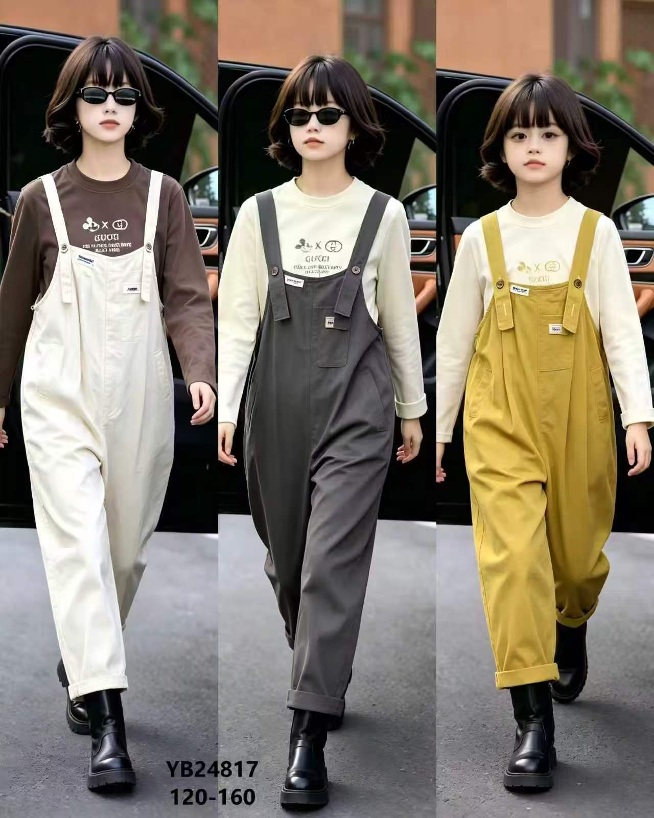 Girls' Graphic Tee & Relaxed Bib Overalls Set — model YB24817, Summer, size 120-160 — Yubei Apparel wholesale kidswear