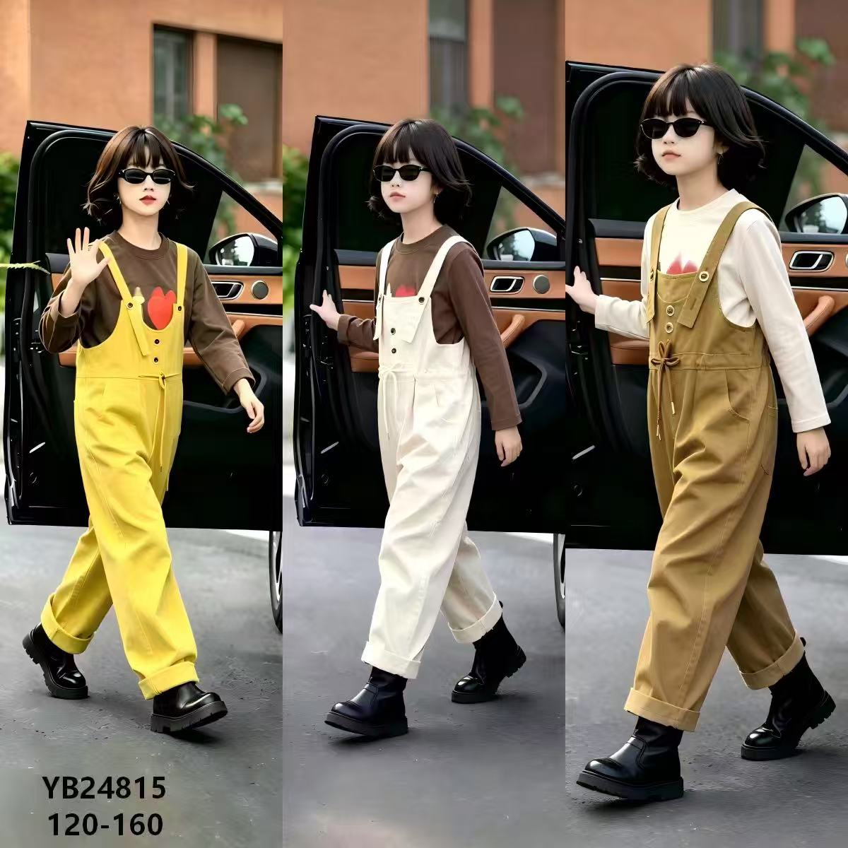 Girls' Tulip Tee & Drawstring Bib Overalls Set — model YB24815, Summer, size 120-160 — Yubei Apparel wholesale kidswear