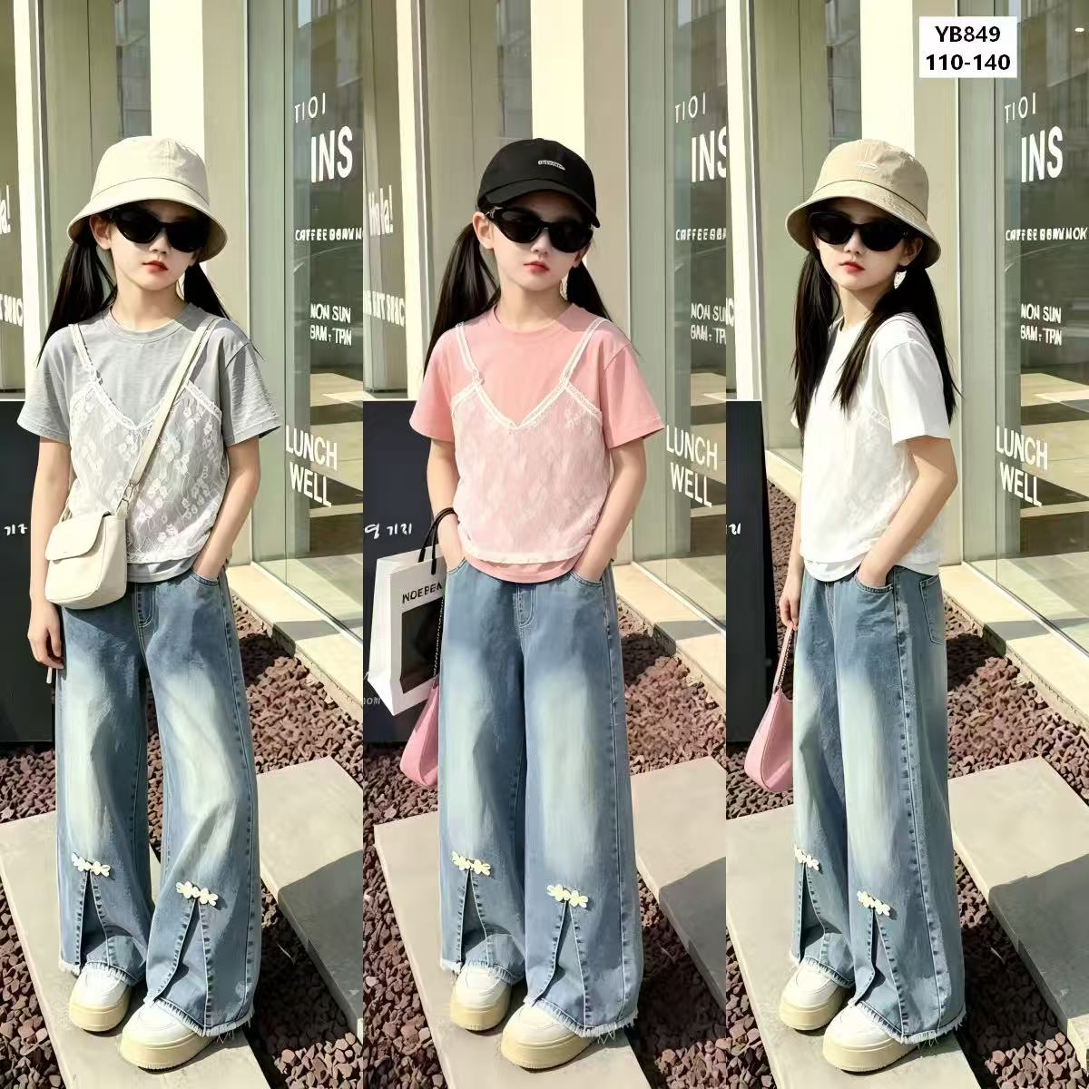 Girls' Lace Overlay Tee & Split-Hem Wide-Leg Jeans Set — model YB849, Summer, size 110-140 — Yubei Apparel wholesale kidswear