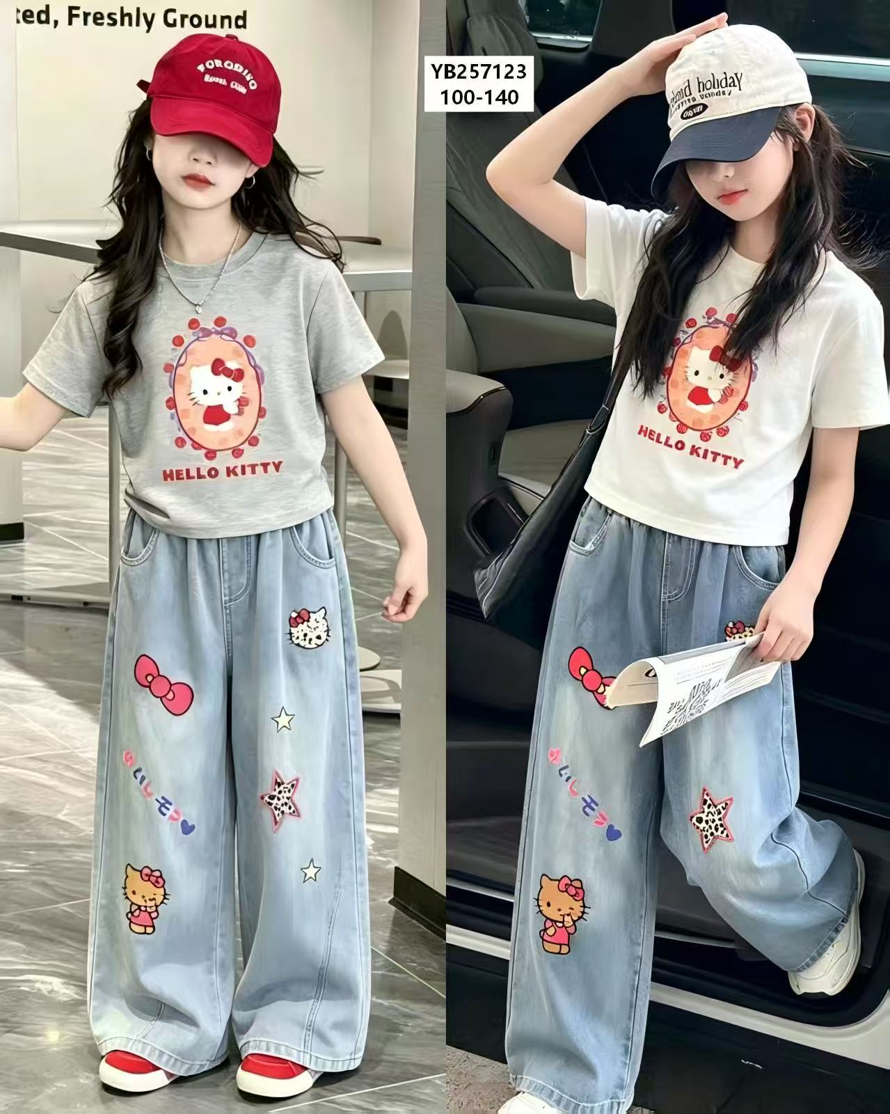 Girls' Graphic Tee & Appliqué Wide-Leg Jeans Set — model YB257123, Summer, size 100-140 — Yubei Apparel wholesale kidswear
