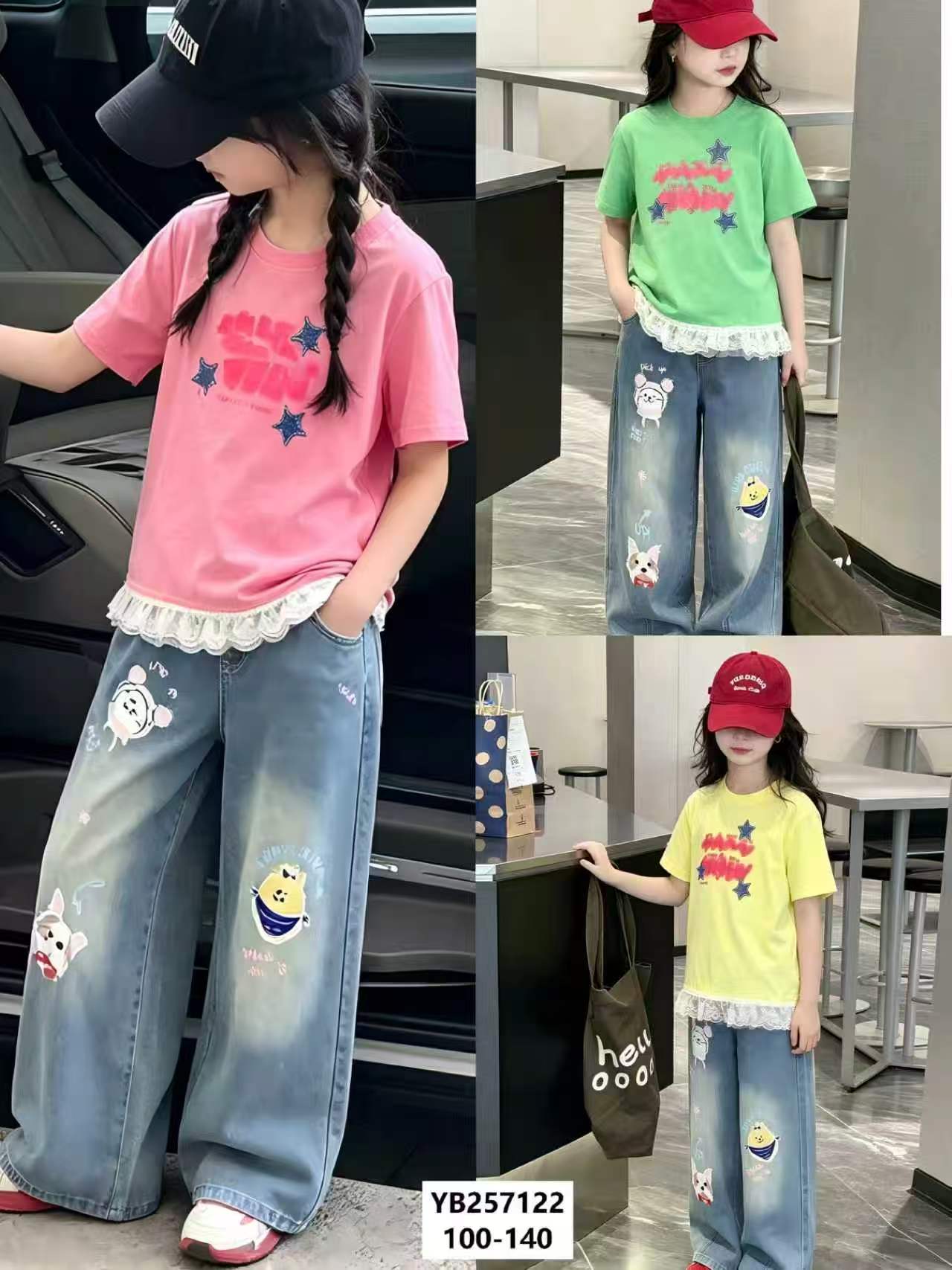 Girls' Lace-Hem Graphic Tee & Appliqué Wide-Leg Jeans Set — model YB257122, Summer, size 100-140 — Yubei Apparel wholesale kidswear