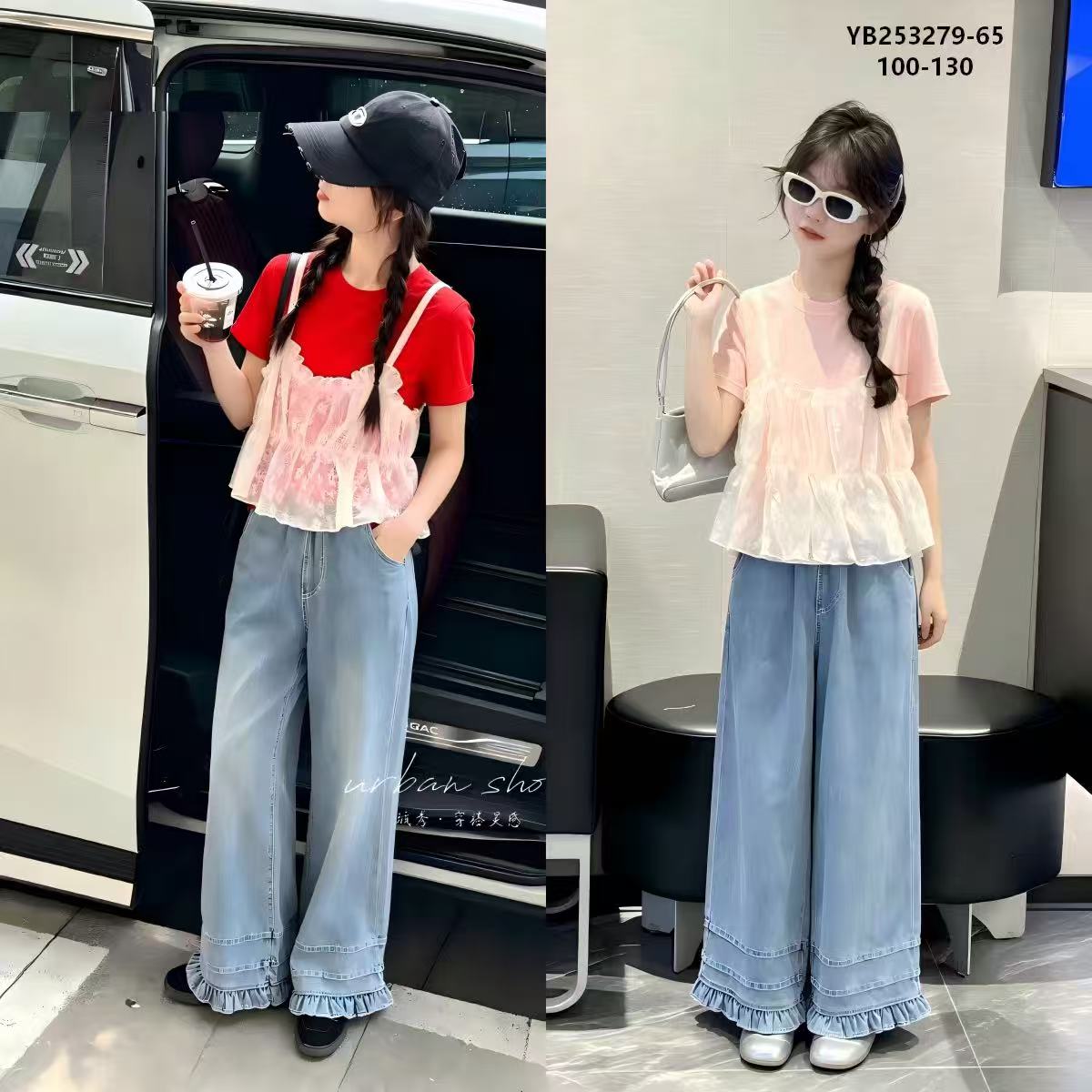 Girls' Sheer Overlay Tee & Ruffle-Hem Wide-Leg Jeans Set — model YB253279-65, Summer, size 100-130 — Yubei Apparel wholesale kidswear