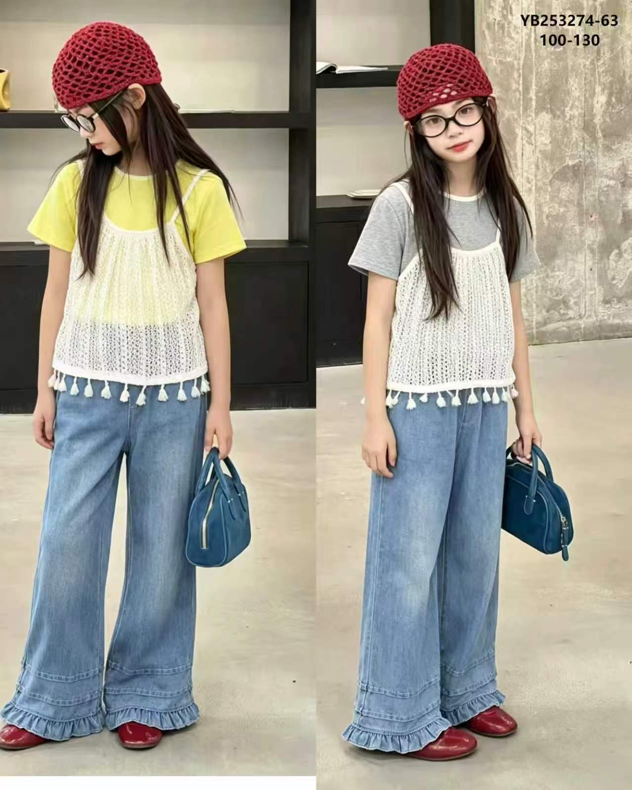 Girls' Crochet Overlay Tee & Ruffle-Hem Wide-Leg Jeans Set — model YB253274-63, Summer, size 100-130 — Yubei Apparel wholesale kidswear