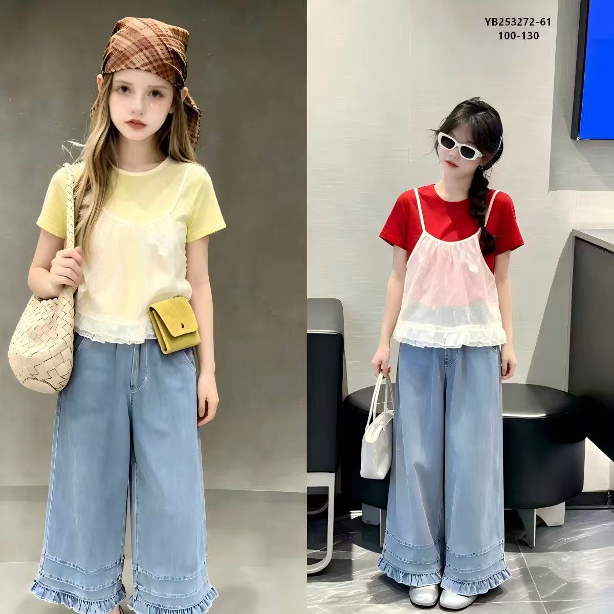 Girls' Sheer Camisole Tee & Ruffle-Hem Wide-Leg Jeans Set — model YB253272-61, Summer, size 100-130 — Yubei Apparel wholesale kidswear