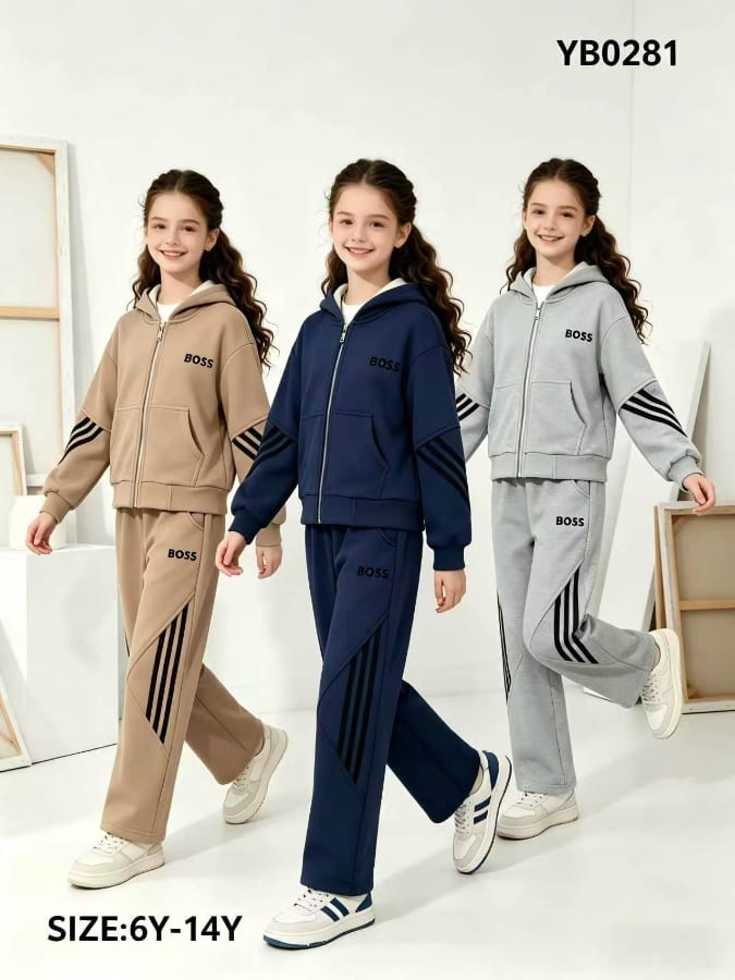 Girls' Sporty Hooded Zip Tracksuit Set — model YB0281, Winter, size 6Y-14Y — Yubei Apparel wholesale kidswear