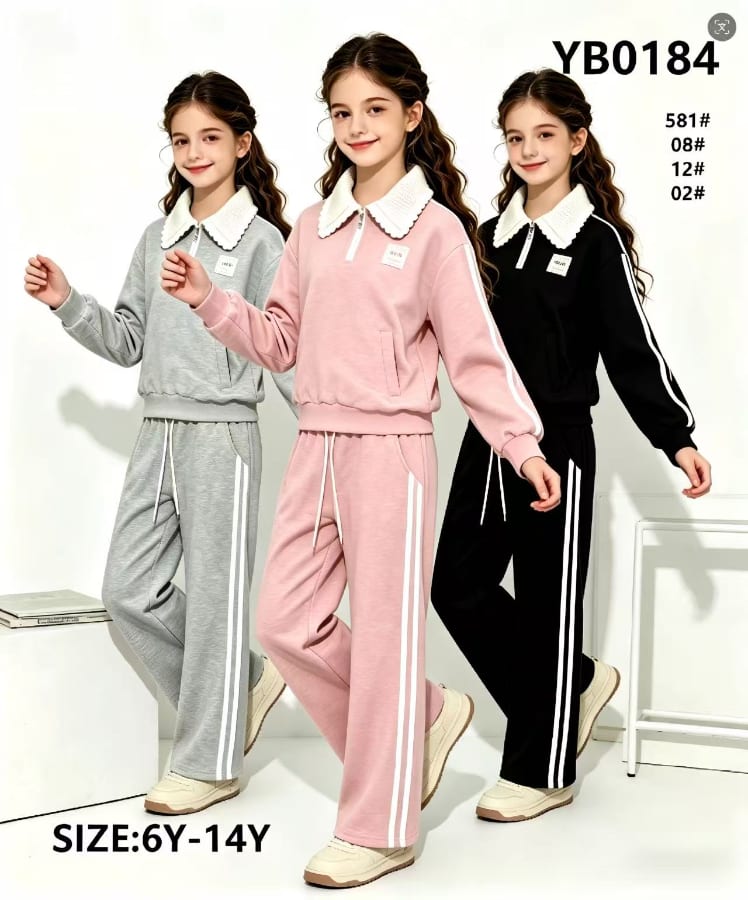 Girls' Polo-Collar Sweatshirt & Side-Stripe Pants Set — model YB0184, Winter, size 6Y-14Y — Yubei Apparel wholesale kidswear