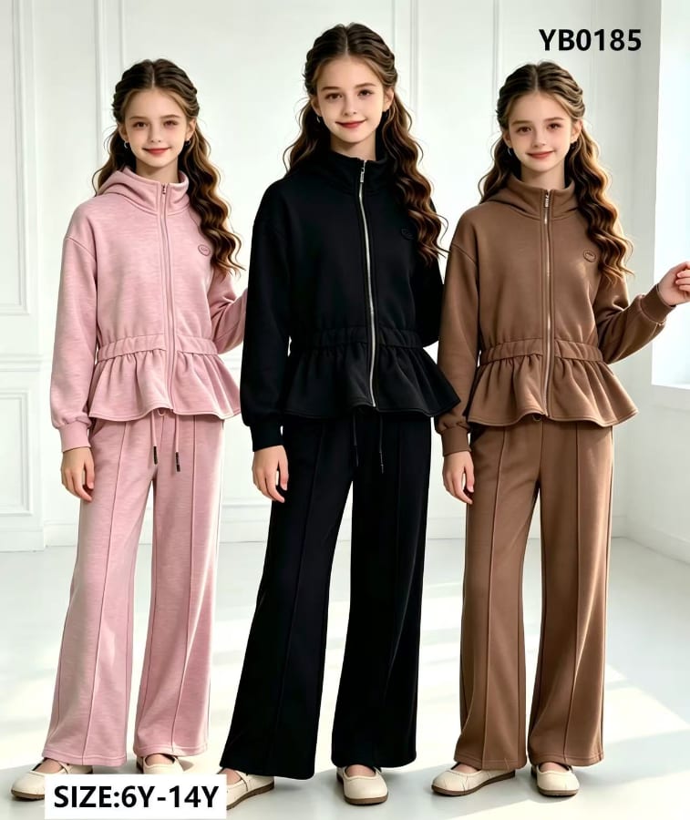 Girls' Peplum Zip Hoodie & Wide-Leg Pants Set — model YB0185, Winter, size 6Y-14Y — Yubei Apparel wholesale kidswear