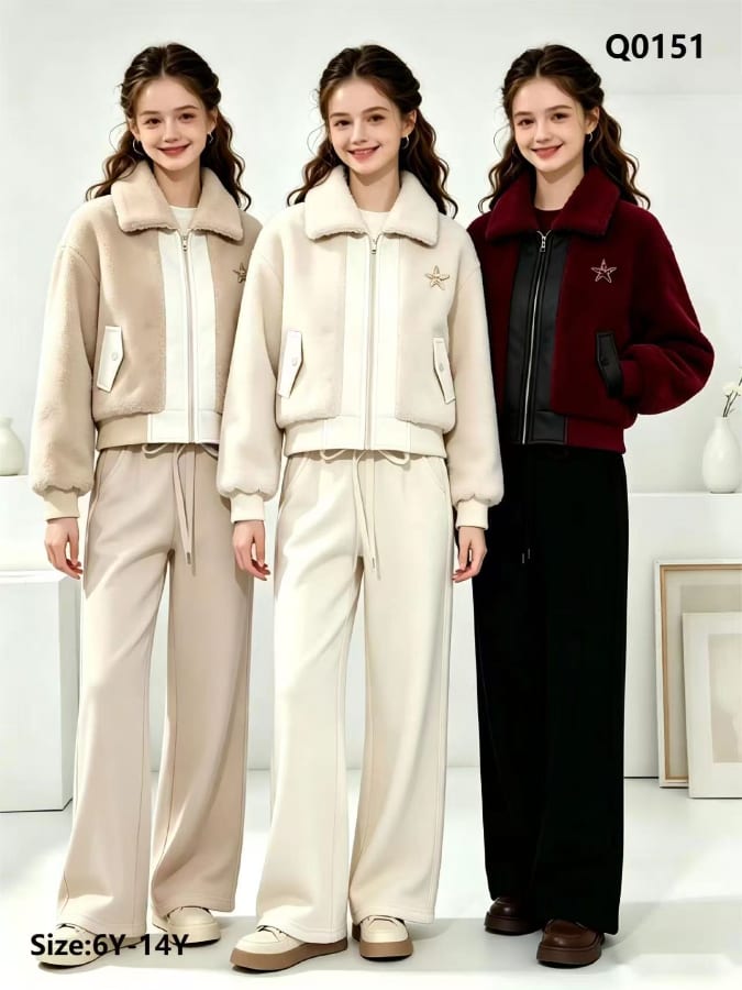 Girls' Shearling Zip Jacket with Star & Wide-Leg Pants — model Q0151, Winter, size 6Y-14Y — Yubei Apparel wholesale kidswear