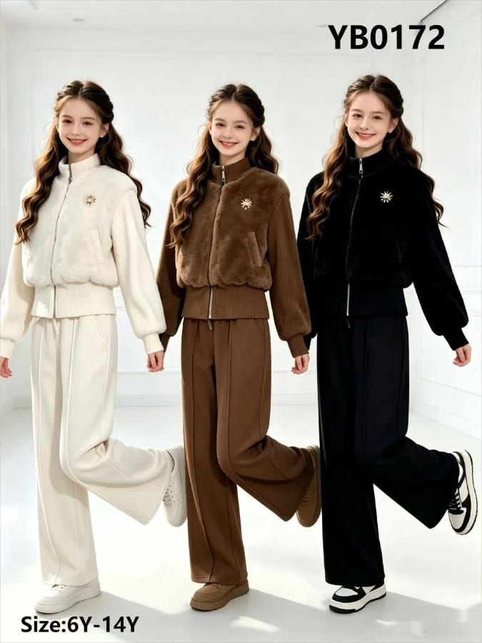 Girls' Fur-Front Zip Jacket & Wide-Leg Pants Set — model YB0172, Winter, size 6Y-14Y — Yubei Apparel wholesale kidswear