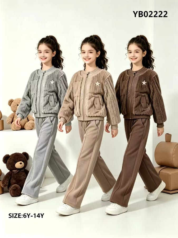 Girls' Textured Fleece Star Jacket & Pants Set — model YB02222, Winter, size 6Y-14Y — Yubei Apparel wholesale kidswear