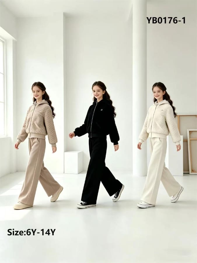 Girls' Quilted-Pattern Fleece Jacket & Wide-Leg Pants — model YB0176-1, Winter, size 6Y-14Y — Yubei Apparel wholesale kidswear