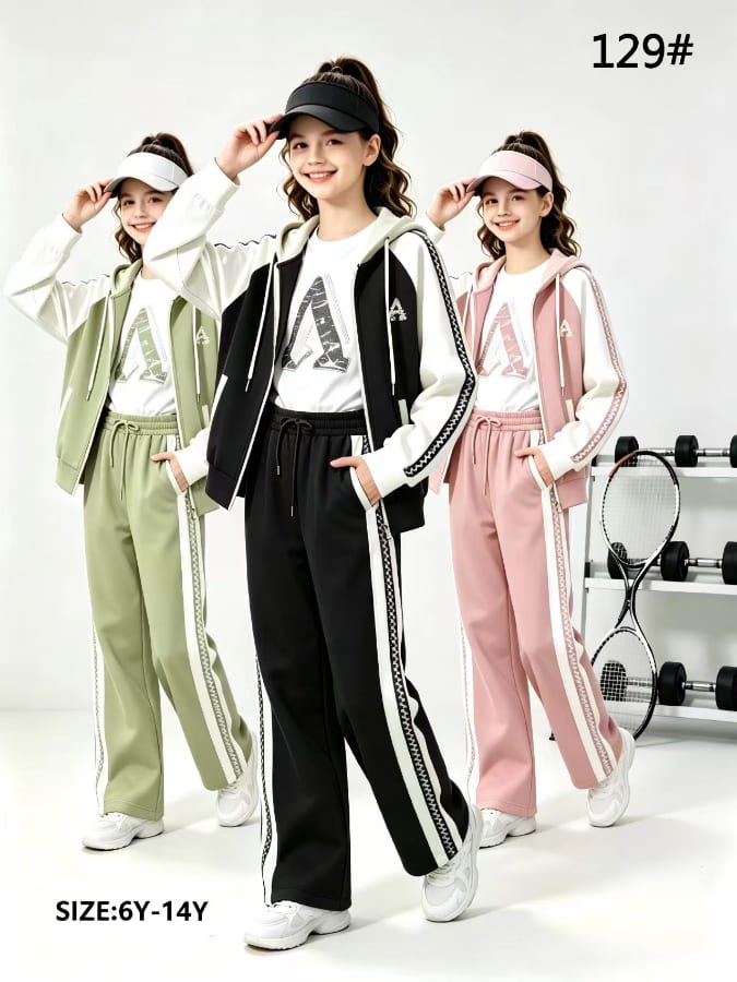 Girls' Color-Block Zip Hoodie & Track Pants Set — model 129#, Winter, size 6Y-14Y — Yubei Apparel wholesale kidswear