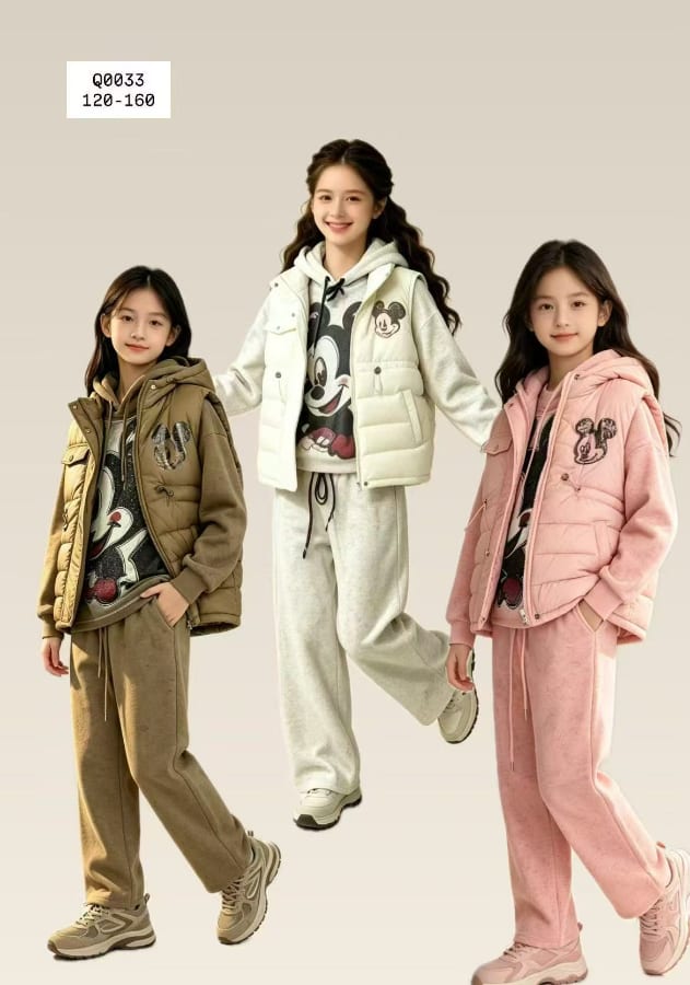 Girls' Mickey Puffer Vest, Hoodie & Pants (3-Piece) — model Q0033, Winter, size 120-160 — Yubei Apparel wholesale kidswear